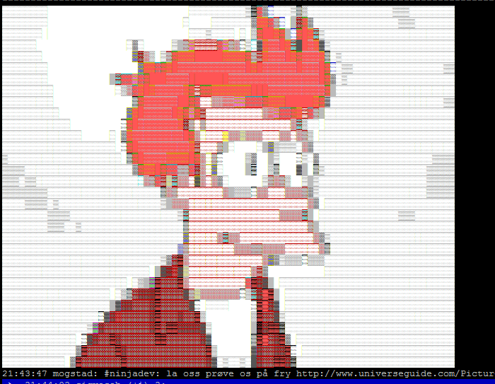 A picture of imgrender.pl in action; Pictured is Futurama's 'Fry' rendered by colored ASCII characters.